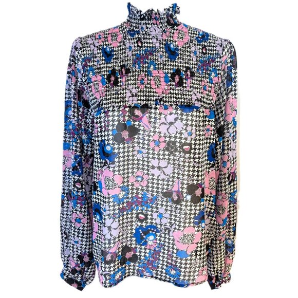 Guess | Floral Fantasy Houndstooth Print High Neck Blouse Pink Blue | Medium - Picture 2 of 12